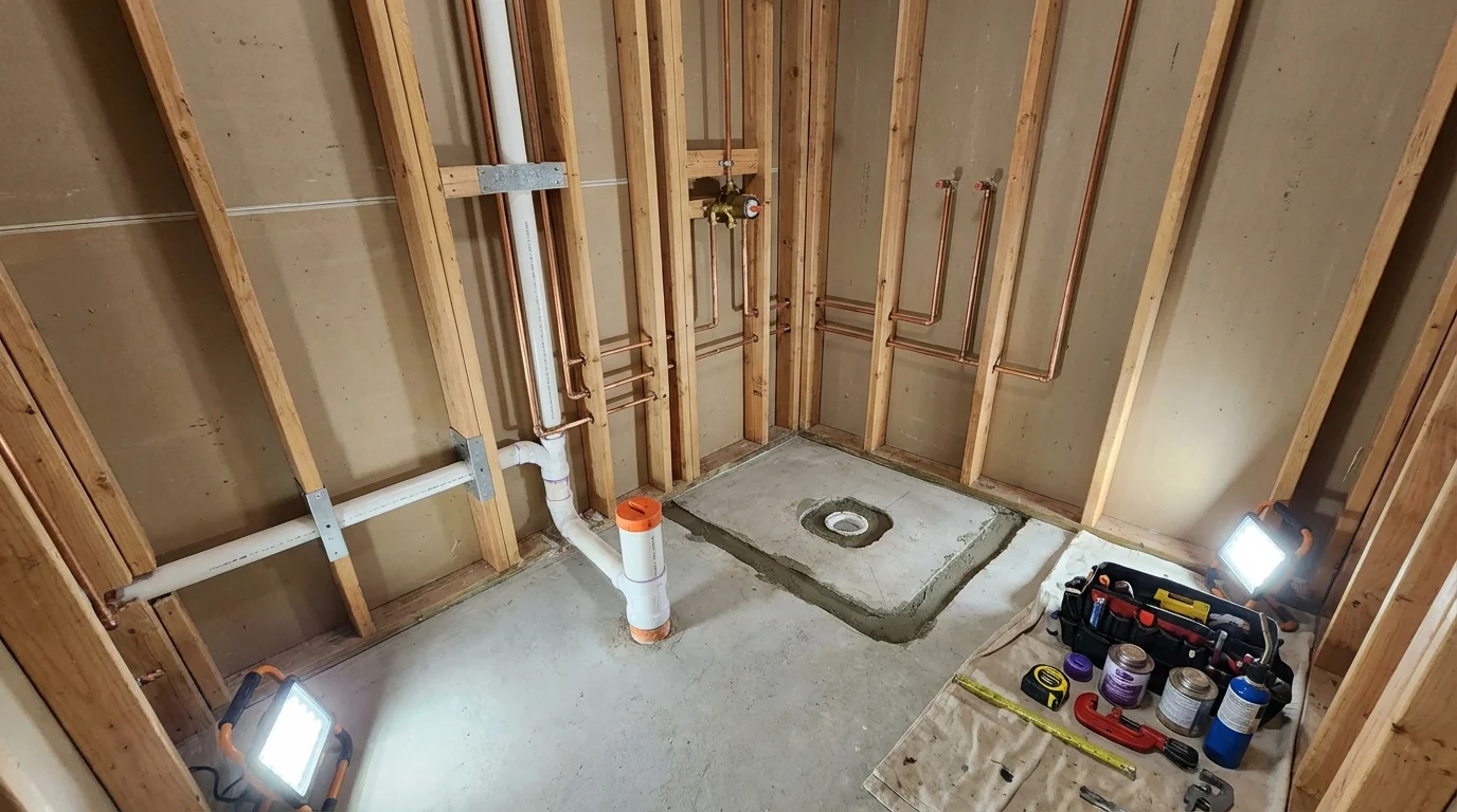 Bathroom rough-in plumbing during remodel by Johns Plumbing LLC in Womelsdorf