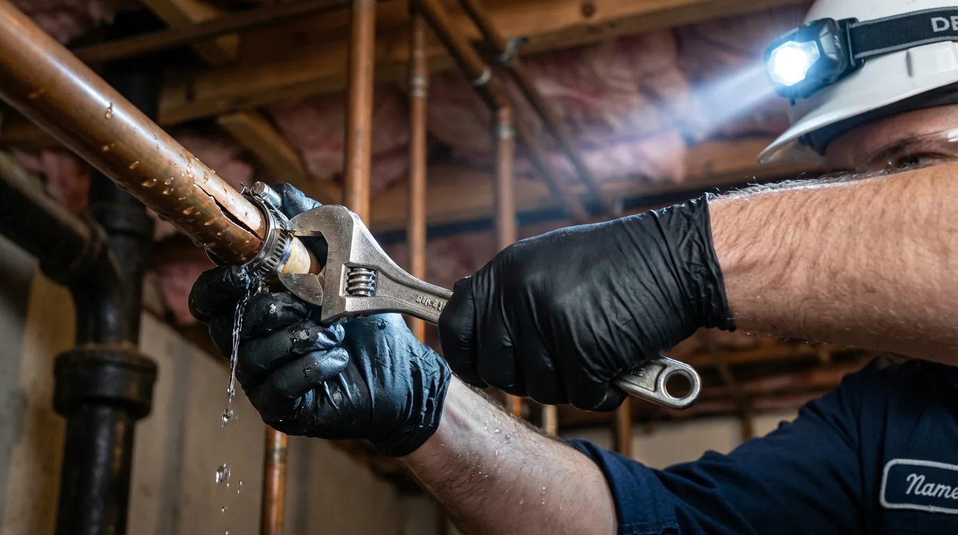 Emergency pipe clamp repair being performed by a Johns Plumbing LLC plumber in Womelsdorf
