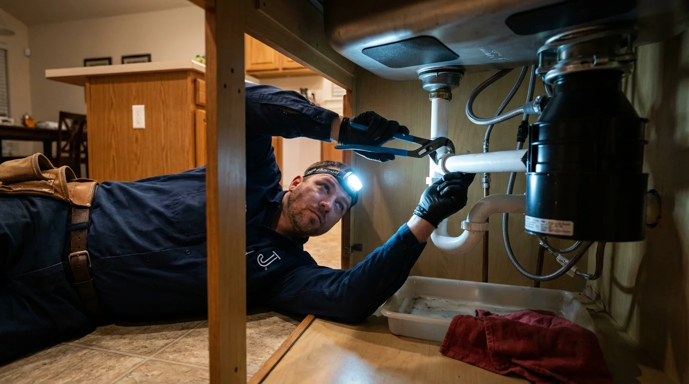 P-trap and supply line connections under a kitchen sink showing a common leak point in Womelsdorf, PA